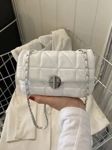 Fashionable Mini Shoulder Bag In Light Green Colour With Diamond Pattern, Metal Lock Buckle And Chain Strap - Beige - View 2