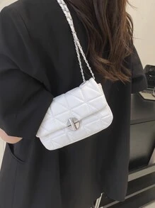 Fashionable Mini Shoulder Bag In Light Green Colour With Diamond Pattern, Metal Lock Buckle And Chain Strap - Beige - View 5