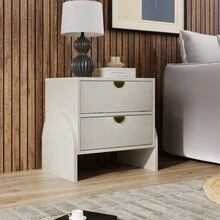 Retro Style Rubber Wood Venner Two-Drawer Bed Side Table Nightstand End Table for Living Room, Children's Room, Adult Room, Antique White - 白色 - 查看 1