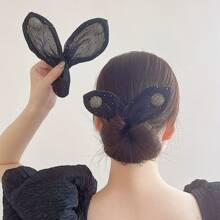 1入網紗蝴蝶結頭飾，用於慵懶束髮造型，神奇捲曲夾，翻轉髮箍，適用於女性頸髮淑女造型 - 黑色 - 查看 2