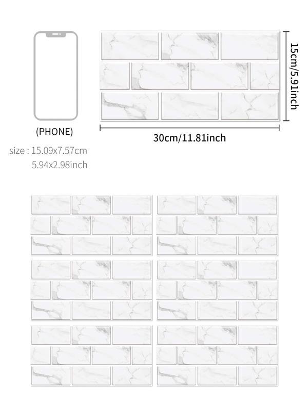 6pcs Brick Pattern Wall Sticker, Marble Print Waterproof PVC Wall Tile