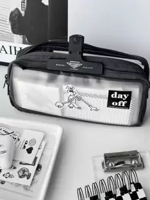 吸尘器男孩铅笔盒，黑色磨砂透明文具袋，双层大容量文具盒，文具收纳袋，学生学校用品，返校，学校用品