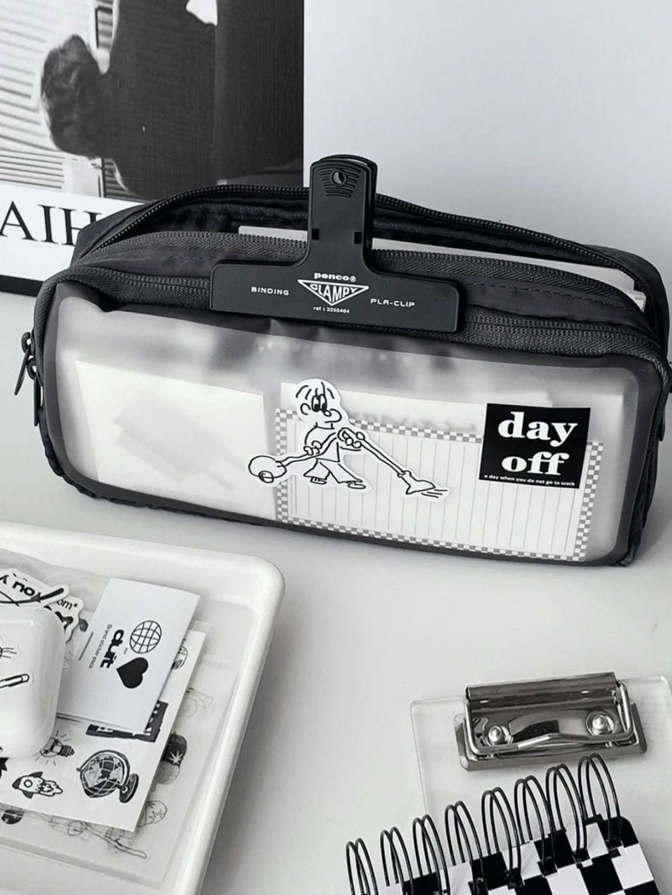 吸尘器男孩铅笔盒，黑色磨砂透明文具袋，双层大容量文具盒，文具收纳袋，学生学校用品，返校，学校用品