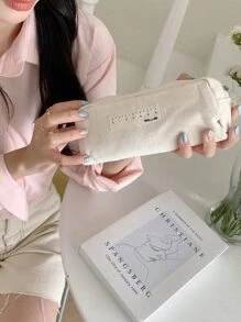 复古耐用帆布铅笔袋普通便携式化妆包收纳袋，适合返校、学校用品 - 米色 - 查看 1