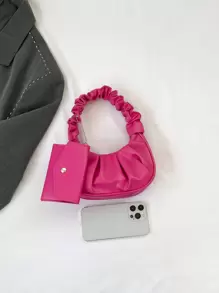 2 件套零钱包：女士迷你纯色褶皱手提包和纯色云朵与新月形手提包 - 玫紅色 - 查看 4