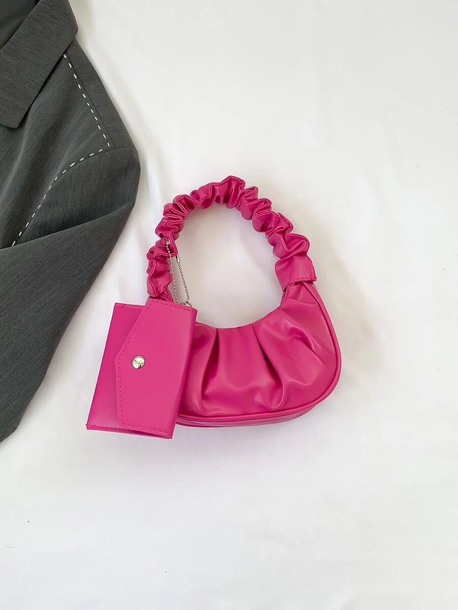 2 件套零钱包：女士迷你纯色褶皱手提包和纯色云朵与新月形手提包 - 玫紅色 - 查看 1