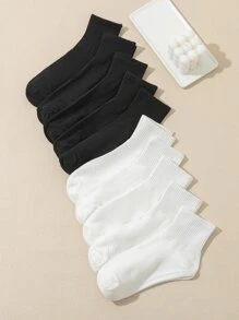 10對女士舒服,透氣,簡約風和時尚中筒襪 - 黑與白 - 查看 2