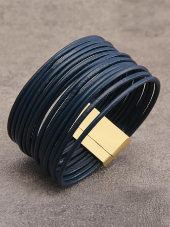 1入組時尚簡約風磁扣手環適合女士帶多種圖層圓皮革背帶