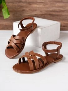 Women's Elegant Cross Strap Flat Sandals With Ankle Strap For Summer - Brown - View 2