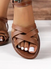 Women's Elegant Cross Strap Flat Sandals With Ankle Strap For Summer - Brown - View 4