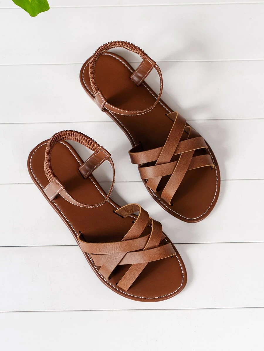 Women's Elegant Cross Strap Flat Sandals With Ankle Strap For Summer - Brown - View 1