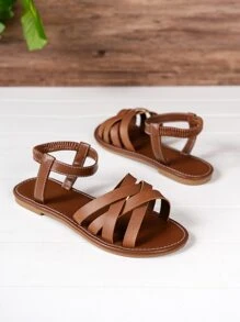 Women's Elegant Cross Strap Flat Sandals With Ankle Strap For Summer - Brown - View 3