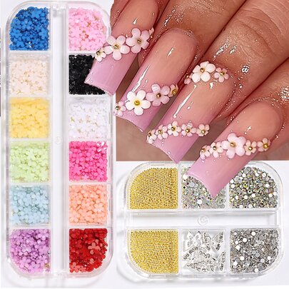 FULL BEAUTY 2 Boxes Mini Flower Nail Art Decorations, Gold & Silver Metal Beads, Rhinestones, Nail Jewelry Charms, DIY Nail Art Supplies Nails