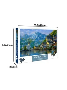 1000入組雪山小鎮拼圖適合青少年和成人，卡通藝術品裝飾，男孩和女孩減壓禮品玩具