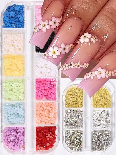 FULL BEAUTY Tiny Flower Design Nail Art Decoration, 2Boxes Gold Color Silver Steel Ball Jewelry Rhinestone Nail Art Charms Nail Art Accessory Nail Art Decoration Diy Nail Gems Nail Supplies Nails