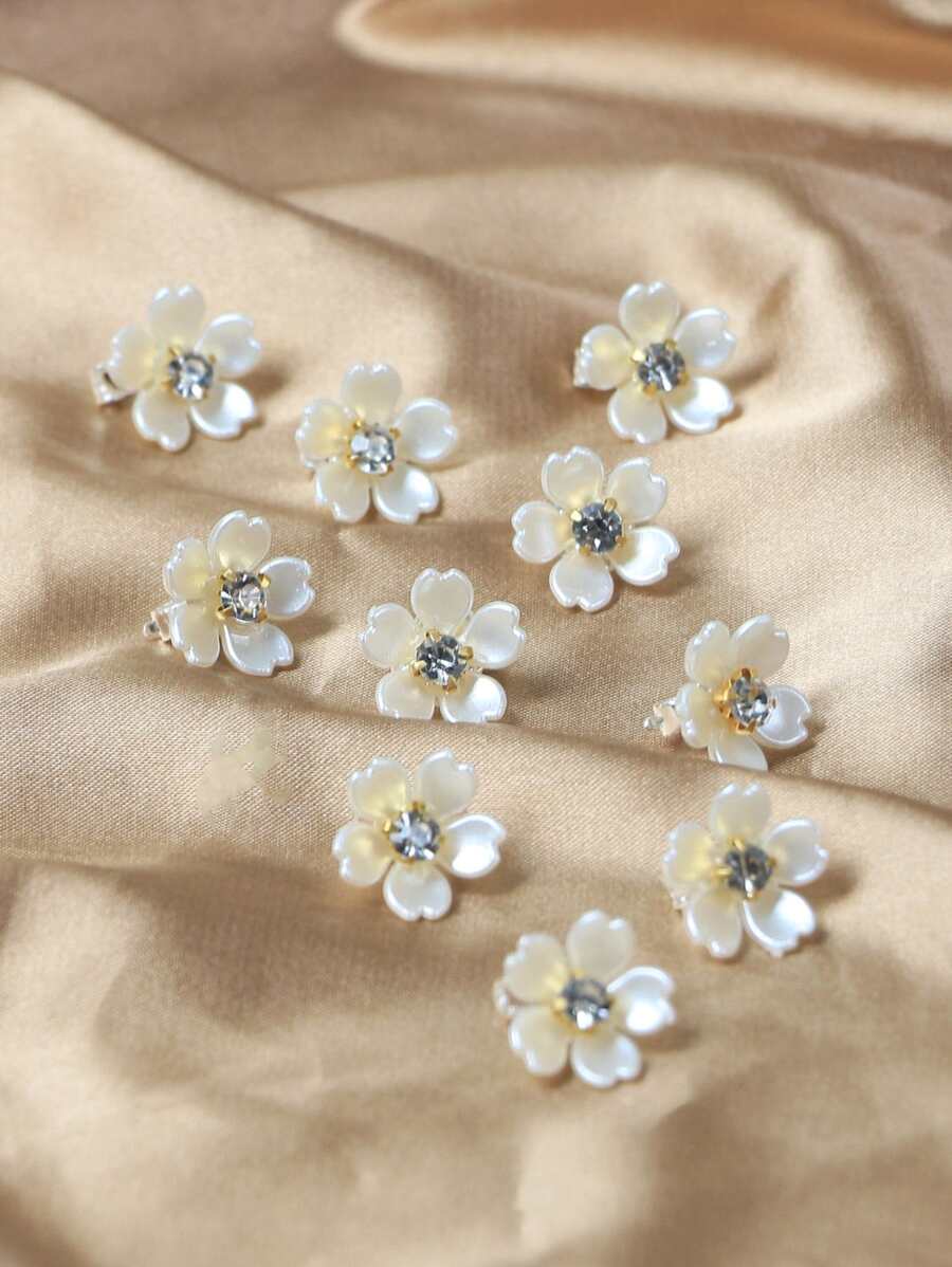 10pcs Rhinestone Flower Decorated Hair Bows And Hair Ties Valentines - White - View 1