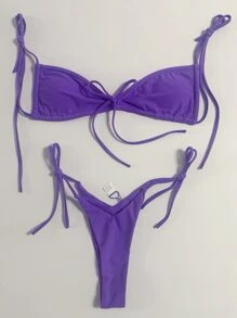 Bañador bikini unicolor con cordón lateral - Morado - Ver 1