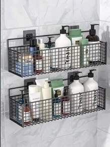 1个铁艺浴室收纳架，黑色无孔壁挂式收纳架，浴室置物架整理架 - 黑色 - 查看 1