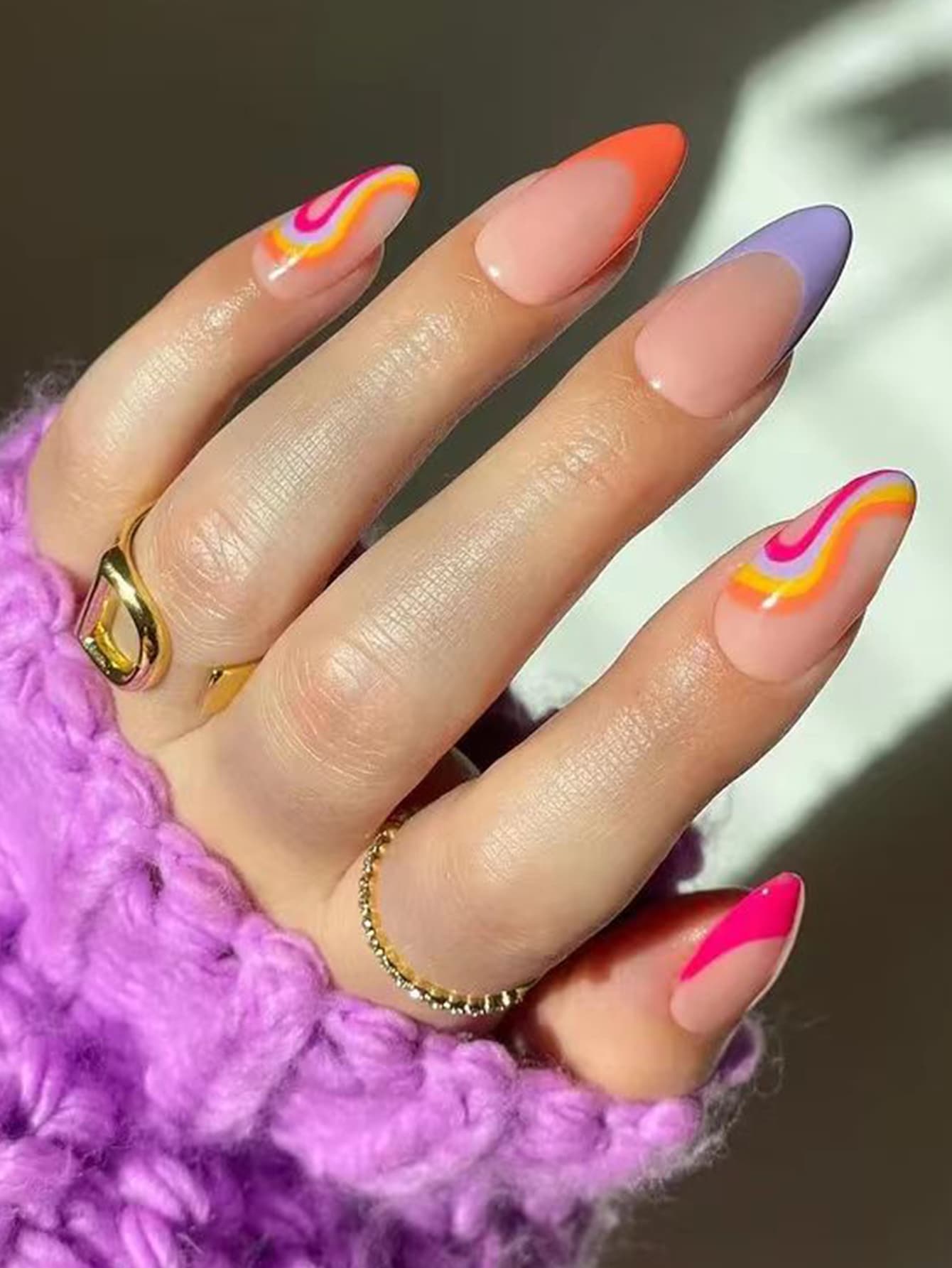 24入組/套透明杏仁形狀假指甲帶法語波浪樣式和美甲繪畫,帶果凍膠水和指甲銼 - 彩色 - 查看 1