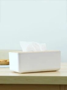 1入組木紋蓋式桌面紙巾盒,適用於家居 - 白色 - 查看 2