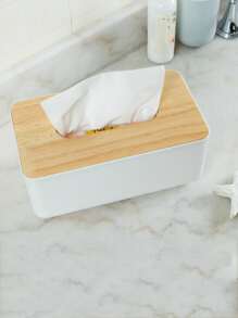1入組木紋蓋式桌面紙巾盒,適用於家居 - 白色 - 查看 7
