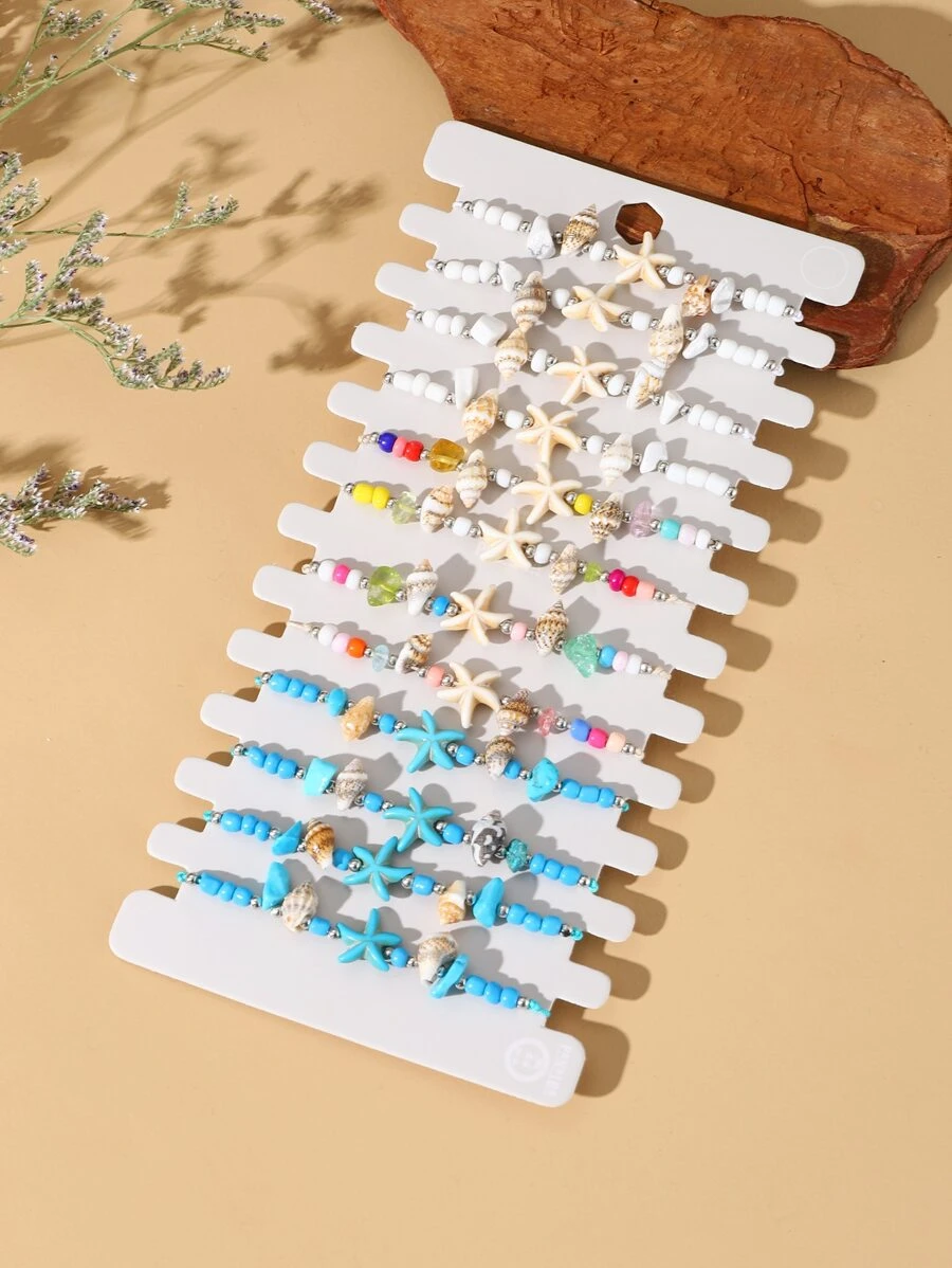 12入組度假風格海灘夏天軟陶貝殼大海星星米釘珠串珠手鏈套裝 - 彩色 - 查看 1