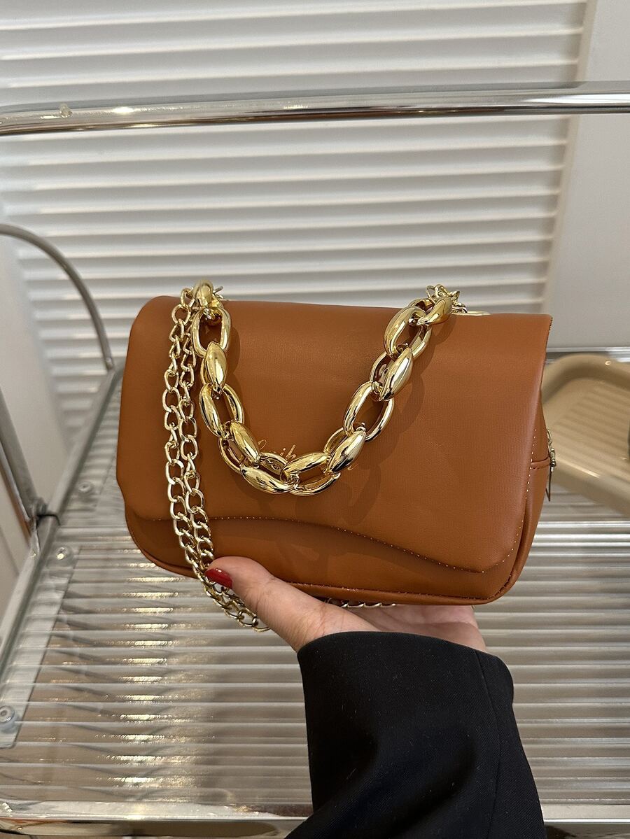 Chain Decoration Shoulder Commuter Chain Crossbody Bag - Brown - View 1
