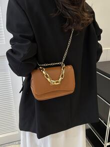 Chain Decoration Shoulder Commuter Chain Crossbody Bag - Brown - View 3
