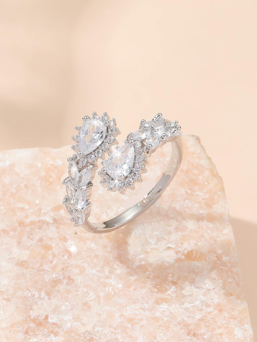 1 pieza Anillo de mujer elegante con circonita cúbica en forma de lágrima, adecuado para uso diario, boda y fiesta - Plateado - Ver 1
