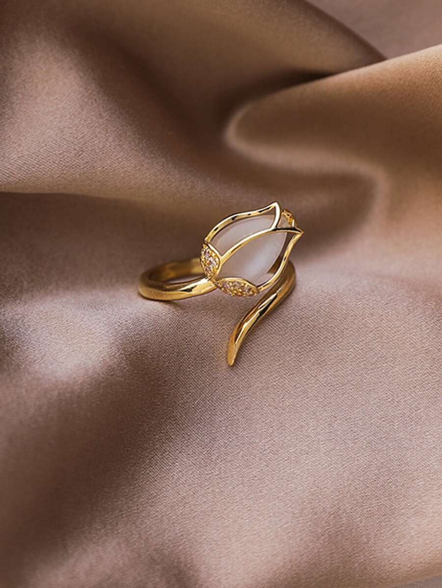 1蛋白石鬱金香花打開圓環個性化時尚設計圓環圓環 - 金黃色 - 查看 1