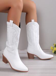 女士優雅西部靴，縫紉細節跟粗時尚牛仔靴 - 白色 - 查看 2