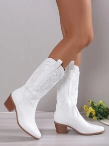 女士優雅西部靴，縫紉細節跟粗時尚牛仔靴 - 白色 - 查看 4