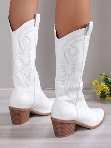 女士優雅西部靴，縫紉細節跟粗時尚牛仔靴 - 白色 - 查看 6