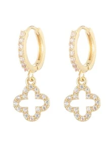 1 对铜镶嵌全锆石奢华耳钉，优雅花朵和星星设计镂空吊坠耳环情人节、妈妈、母亲、母亲节、礼物 - 金色 - 查看 3