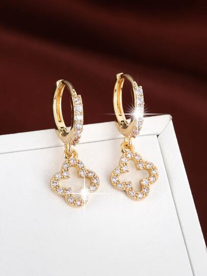 1pair Copper Inlaid With Full Zirconia Luxury Ear Studs, Elegant Flowers & Stars Design Hollow Out Dangle Earrings Valentines,Mom,Mother,Mother's Day,Gift