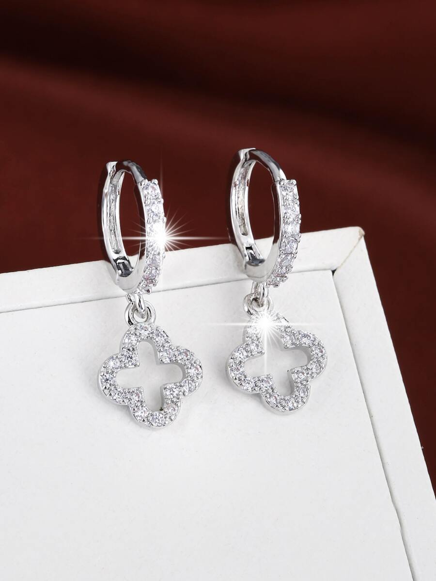 1 对铜镶嵌奢华耳环，带镂空花朵和星星设计情人节 - 銀色 - 查看 1