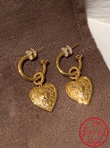 S925純銀耳朵配件,輕奢心形懸垂耳環,女士時尚首飾類 - 金色 - 查看 1