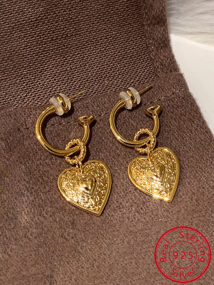 S925純銀耳朵配件,輕奢心形懸垂耳環,女士時尚首飾類 - 金色 - 查看 1