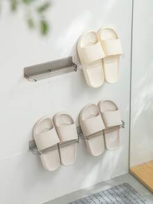 1pc Bathroom Slippers Rack With Drainage Holes, Wall-mount Storage Shelf For Shoe Organization And Toiletry - Grey - View 4