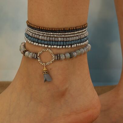 8入組/套彩色中空金屬流蘇和珠子設計假期沙灘派對時尚少女腳鍊