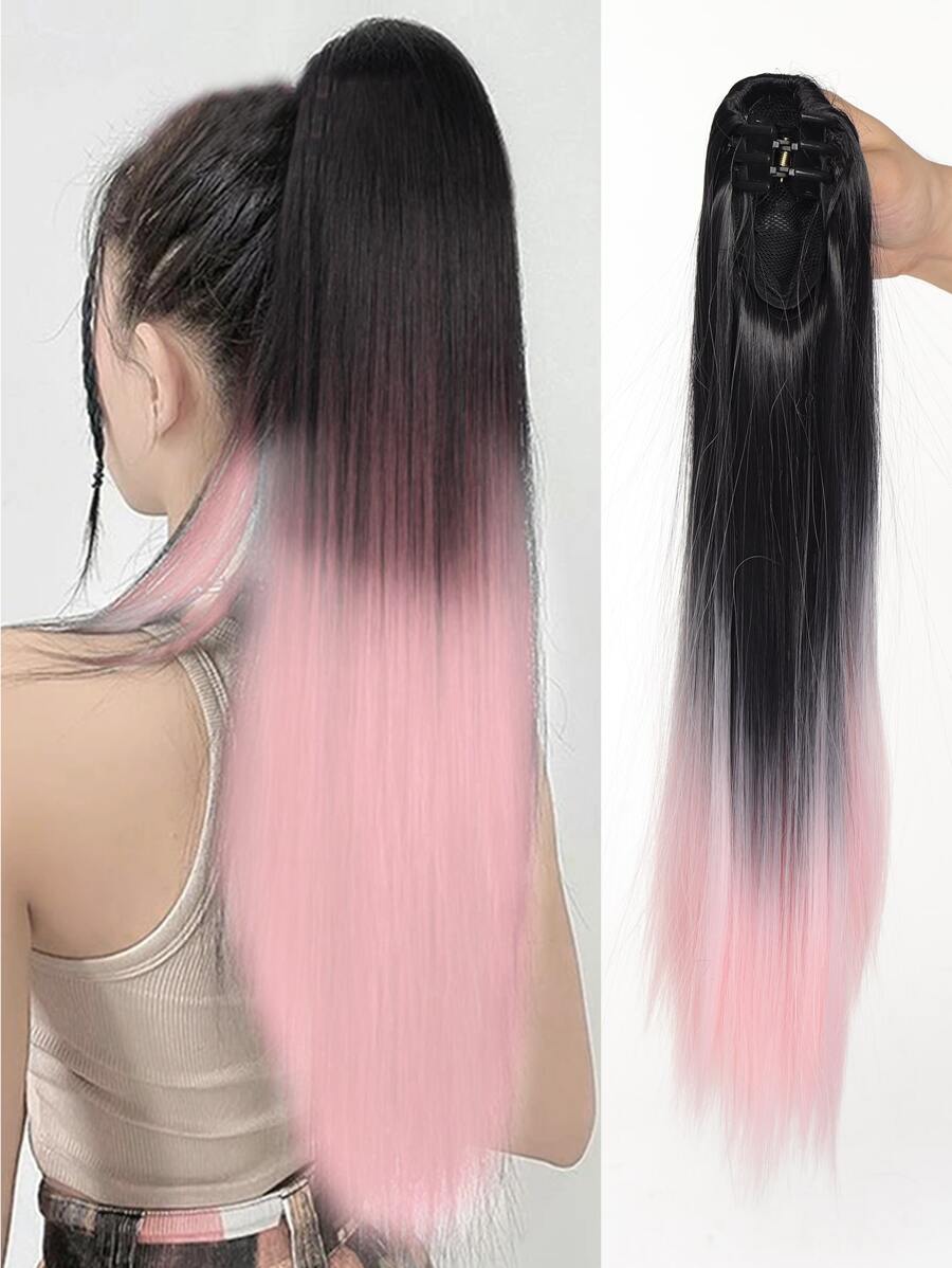 马尾辫彩色合成爪夹式女士接发直发片马尾辫蓝粉色头发适合女性日常万圣节派对