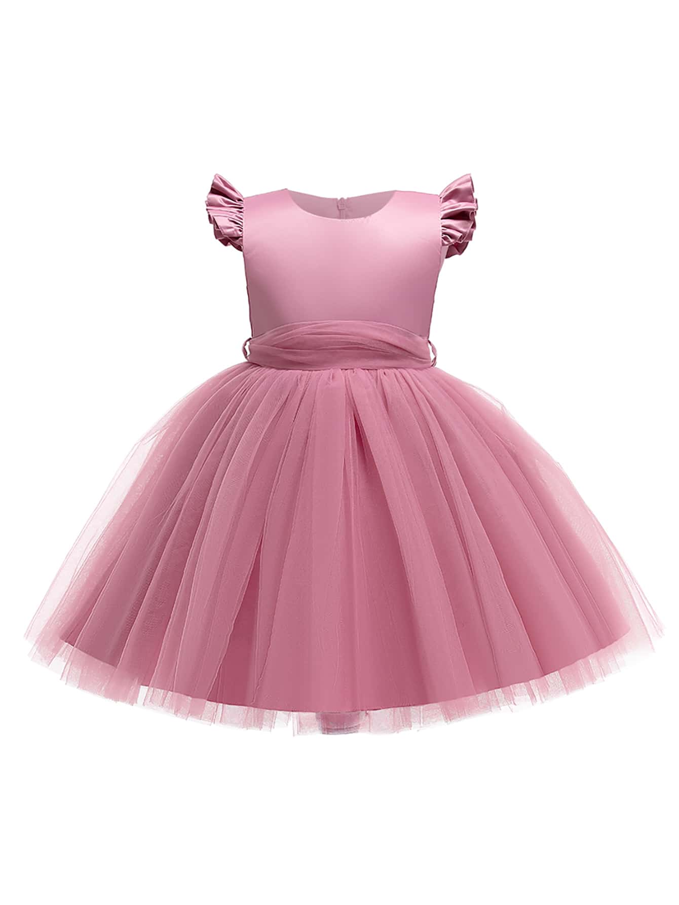 Vestido de gasa de color liso y elegante para niñas, adecuado para actuaciones, presentaciones, pasarela, sin accesorios para el cabello - Rosa - Ver 1
