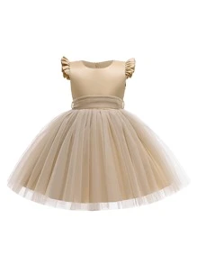 Girls Elegant Plain Solid Color Net Satin Dress, Simple Design Suitable For Performance, Hosting, Catwalk, Excluding Accessories - Rượu sâm banh - Xem 2