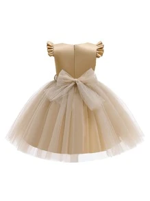 Girls Elegant Plain Solid Color Net Satin Dress, Simple Design Suitable For Performance, Hosting, Catwalk, Excluding Accessories - Rượu sâm banh - Xem 3