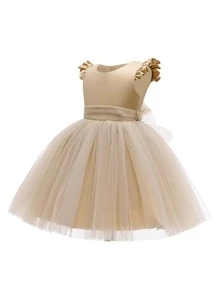 Girls Elegant Plain Solid Color Net Satin Dress, Simple Design Suitable For Performance, Hosting, Catwalk, Excluding Accessories - Rượu sâm banh - Xem 4