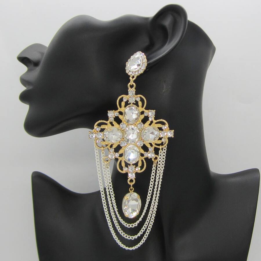 多色金屬串珠托耳飾品,波西米亞風水晶吊墜耳環 - 白色 - 查看 1