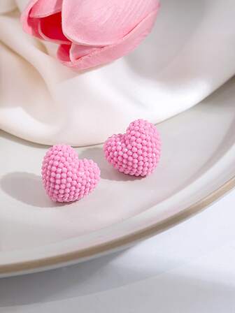 1對粉色心形凹凸表面耳釘透明和簡約風幾何圓形耳環情人節禮品