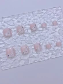 白花水鑽壓腳趾甲，24入組法式尖頭假腳趾甲夏季花卉設計女式可愛短方形腳趾甲白色腳趾甲尖全覆蓋腳趾甲膠 - 彩色 - 查看 3