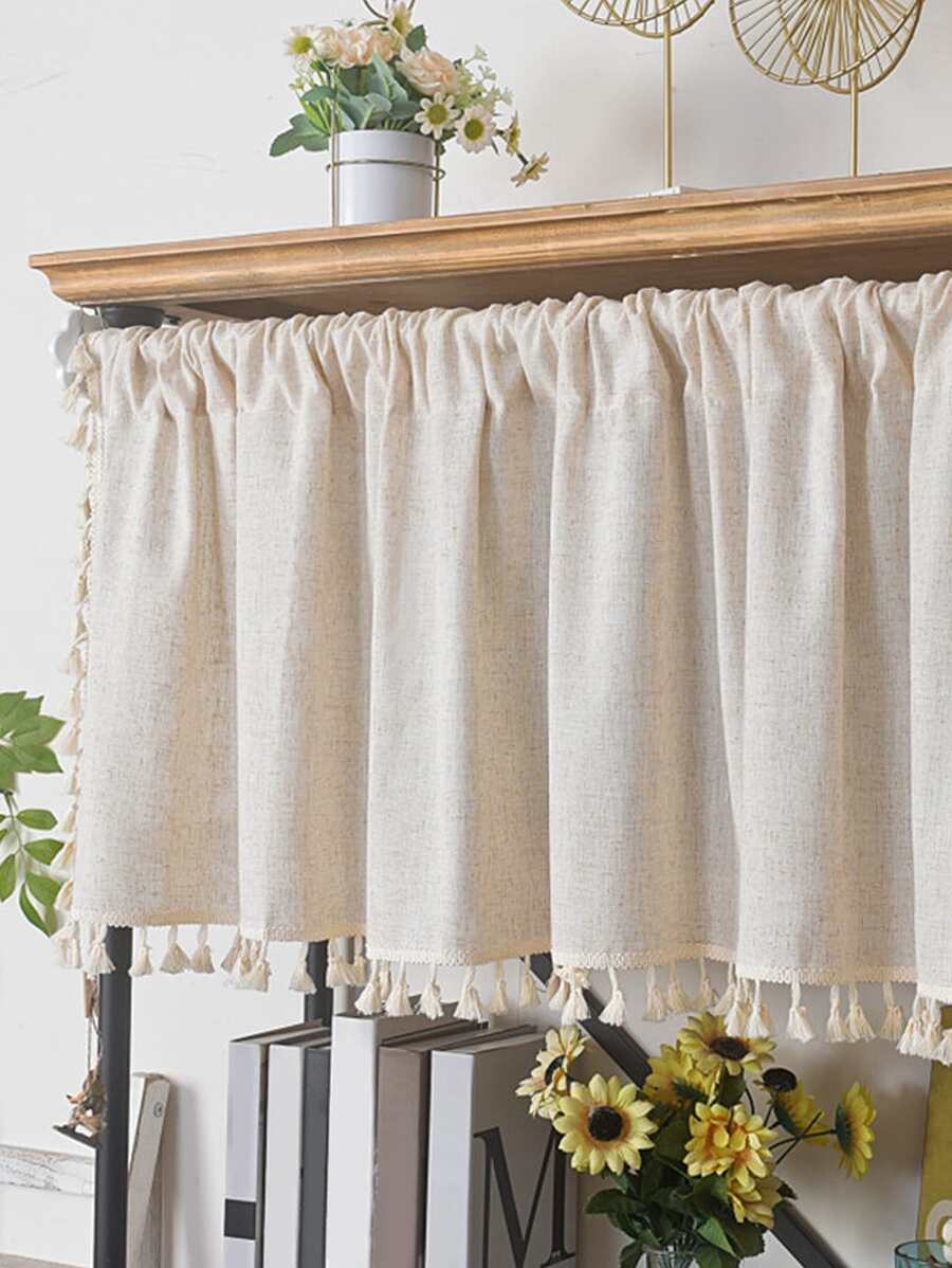 1pc Beige Solid Color Japanese Style Square Pattern Design Curtain With Tassel Lace Trimming, For Decorative Living Room, Bedroom Window And Door Separation - Beige - View 1