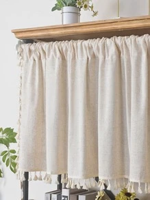 1pc Beige Solid Color Japanese Style Square Pattern Design Curtain With Tassel Lace Trimming, For Decorative Living Room, Bedroom Window And Door Separation - Beige - View 7